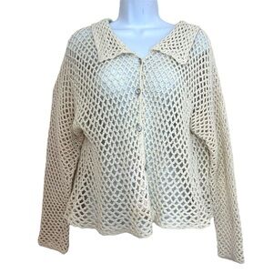 Pure Handknit Cream Crochet Open-Knit Women's cardigan Sweater Size M/L